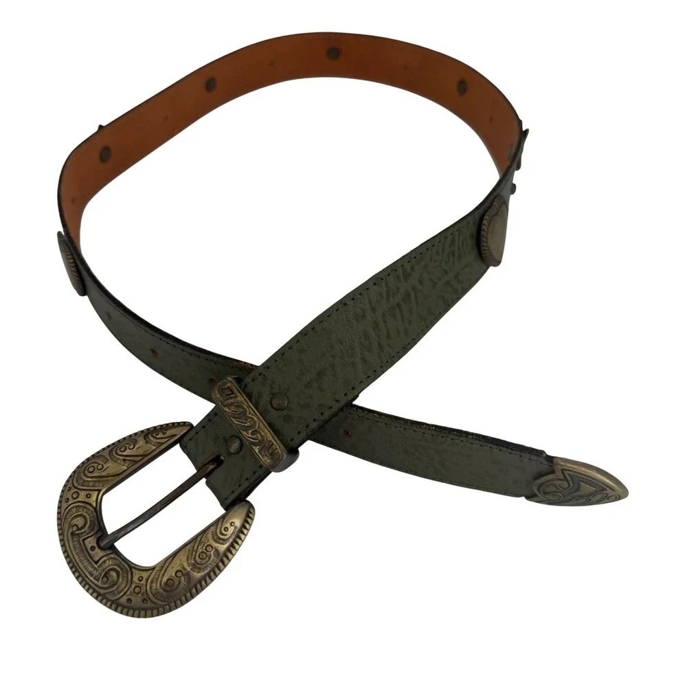 VTG Olive‎ Green Leather Western Belt Heart Star Conchos Brass Buckle USA S/M